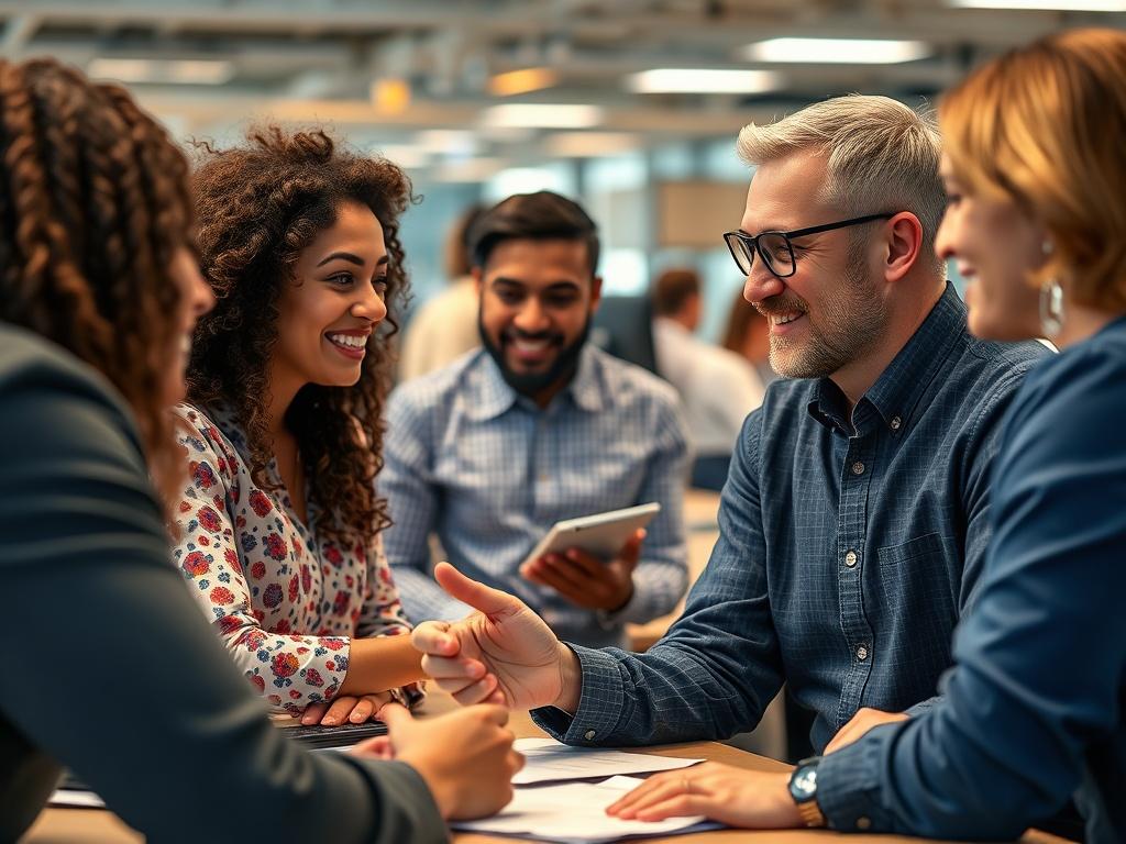 A close-up shot of a project manager interacting with a diverse team, showcasing collaboration and positive engagement. The background is a vibrant office space filled with team members brainstorming, emphasizing the importance of interpersonal skills.