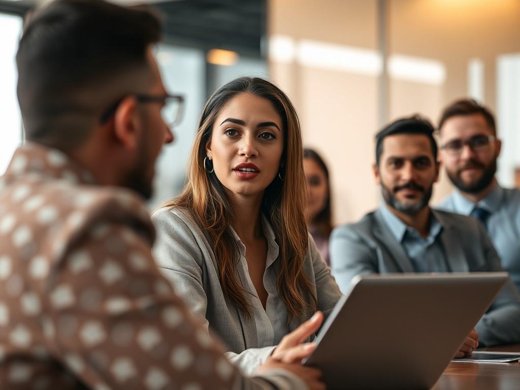 A close-up shot of a diverse group of professionals in a meeting setting, engaged in a discussion. The focus is on a confident woman leading the conversation, showcasing effective communication and leadership skills. The background is a modern office environment with soft lighting, emphasizing collaboration and teamwork. The colors are warm and inviting, with a primary color palette of rgb(251, 203, 7). The image should convey a sense of professionalism and skill development.