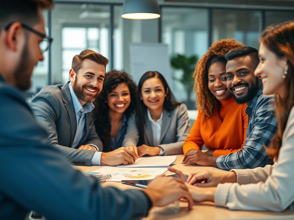 A realistic high-resolution close-up shot of a diverse group of professionals engaged in a discussion around a table, showcasing collaboration and teamwork. The setting is a modern office with soft lighting, highlighting the individuals' expressions of engagement and enthusiasm. The background is blurred, focusing attention on the group, with hints of project management tools like charts and laptops subtly placed around them. The primary color RGB(251, 203, 7) is subtly integrated into the decor.