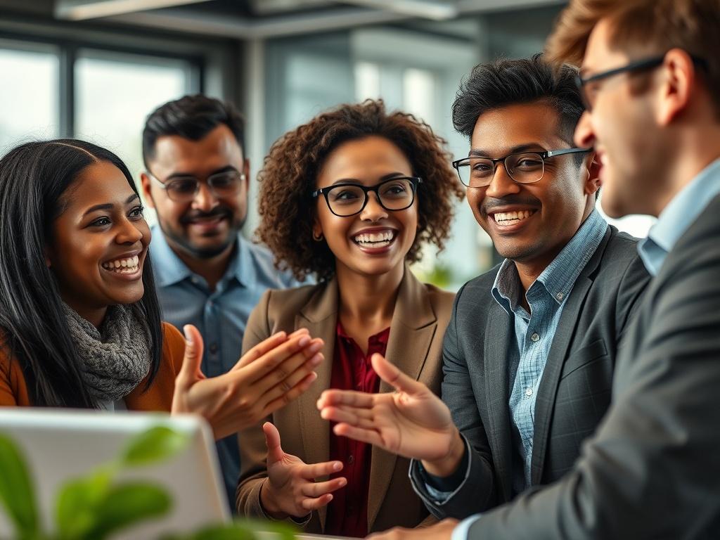 A close-up shot of a diverse group of professionals engaged in a dynamic discussion, showcasing expressions of enthusiasm and collaboration. The background should be a modern office setting with soft lighting, emphasizing a productive atmosphere. The focus should be on their interactions, highlighting the importance of soft skills in a professional context. The image should capture a sense of teamwork and engagement.