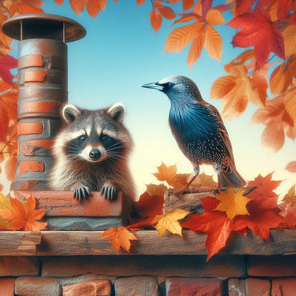 a raccoon and a european starling near a chimney.png
