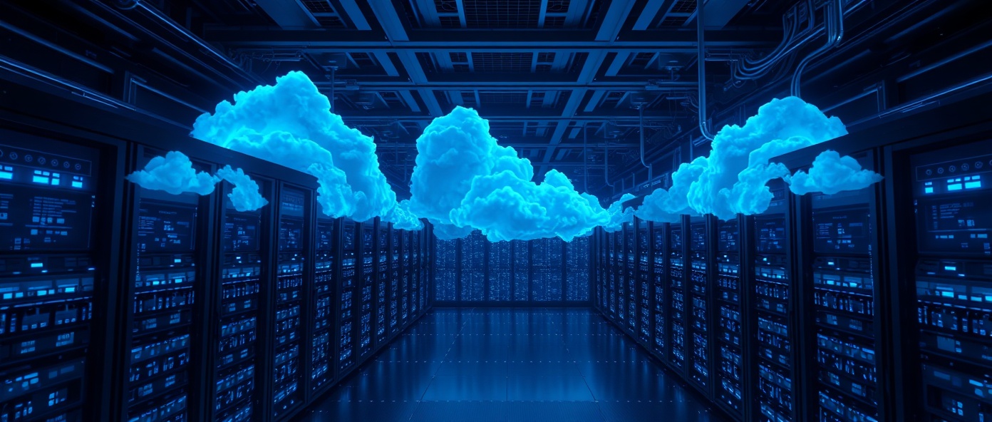 Premium cloud infrastructure visualization showing Azure and AWS cloud computing architecture with data centers and interconnected nodes