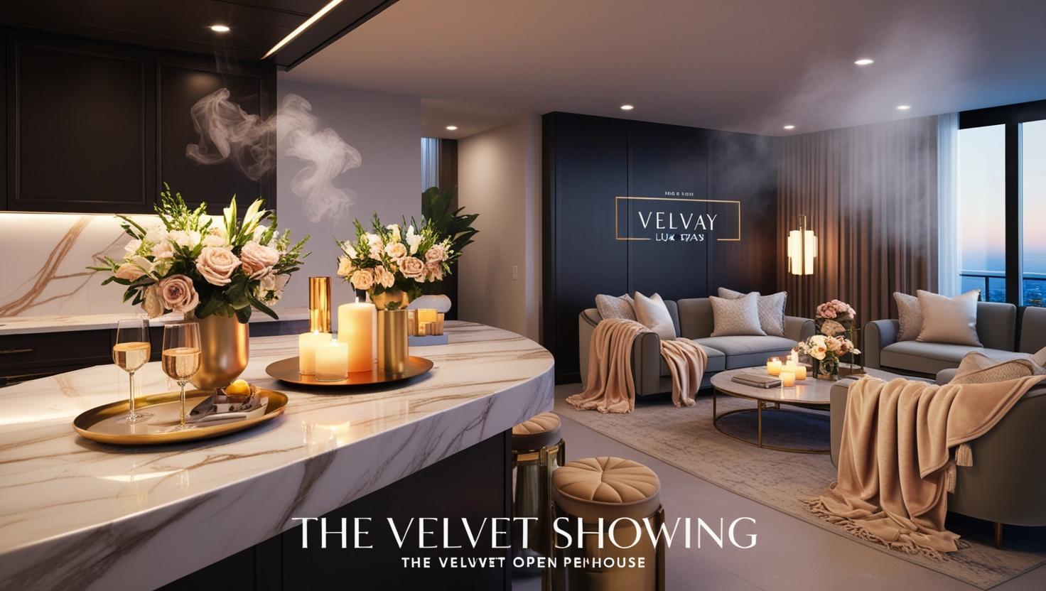 “the velvet showing” visuals__prompt__“a very realistic looking luxurious open house setup in a modern .... fresh flowers on marble counter, soft beige throws, gold tray with drinks, candles glowing, diffuser mist in the air  (2).jpg