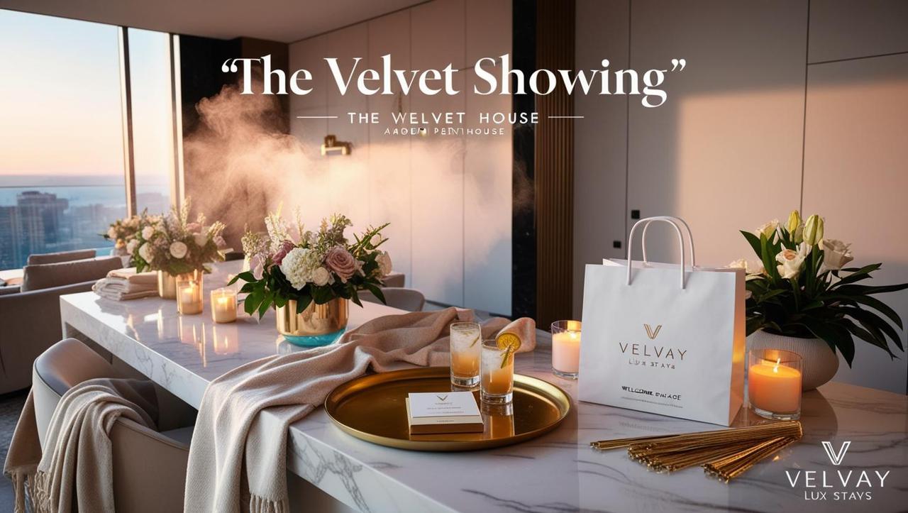 “the velvet showing” visuals__prompt__“a very realistic looking luxurious open house setup in a modern .... fresh flowers on marble counter, soft beige throws, gold tray with drinks, candles glowing, diffuser mist in the air .jpg