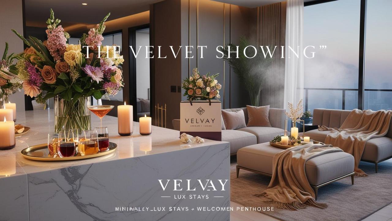 “the velvet showing” visuals__prompt__“a very realistic looking luxurious open house setup in a modern .... fresh flowers on marble counter, soft beige throws, gold tray with drinks, candles glowing, diffuser mist in the air  (3).jpg