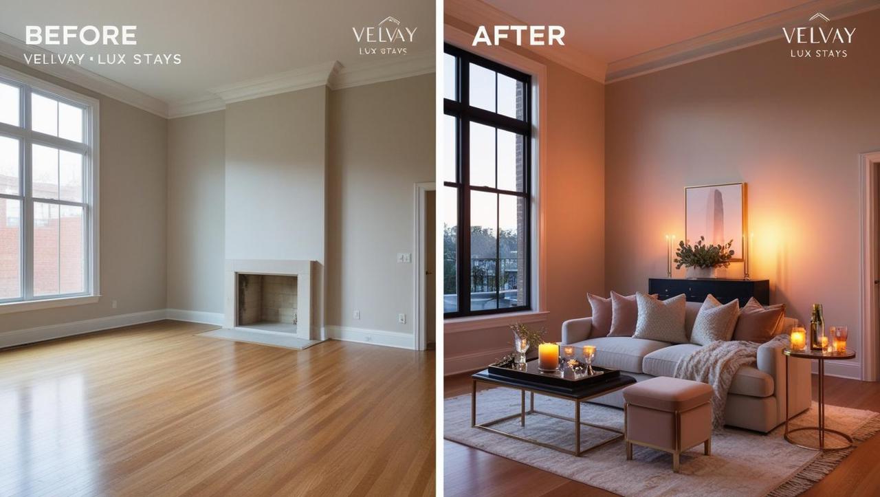 before and after_ real estate showing” for velvay lux stays __prompt (two images)___1. “empty luxury l...nt, no refreshments, plain and uninviting.”___2. “same room styled with mood lighting, soft textures, candle glow, dri (3).jpg