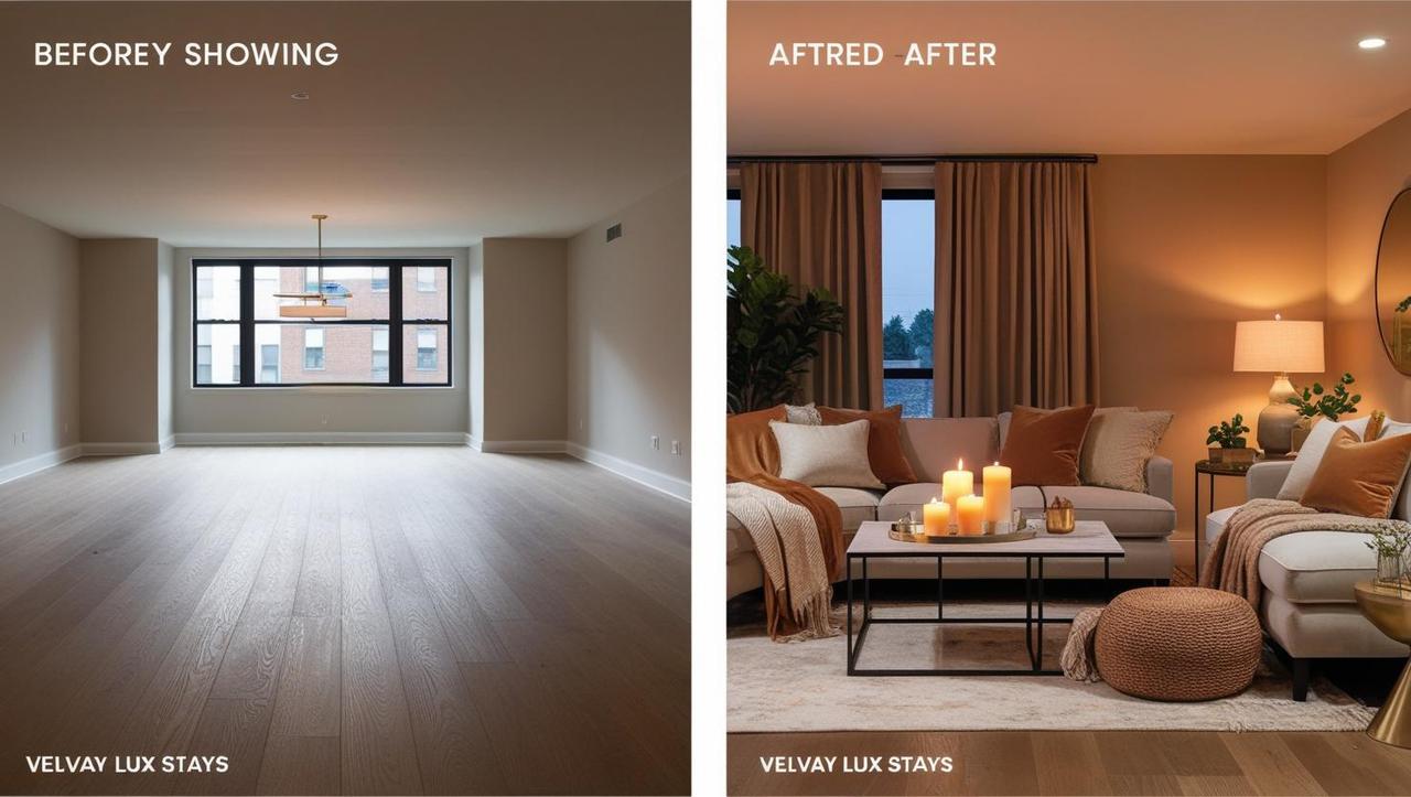 before and after_ real estate showing” for velvay lux stays __prompt (two images)___1. “empty luxury l...nt, no refreshments, plain and uninviting.”___2. “same room styled with mood lighting, soft textures, candle glow, dri.jpg