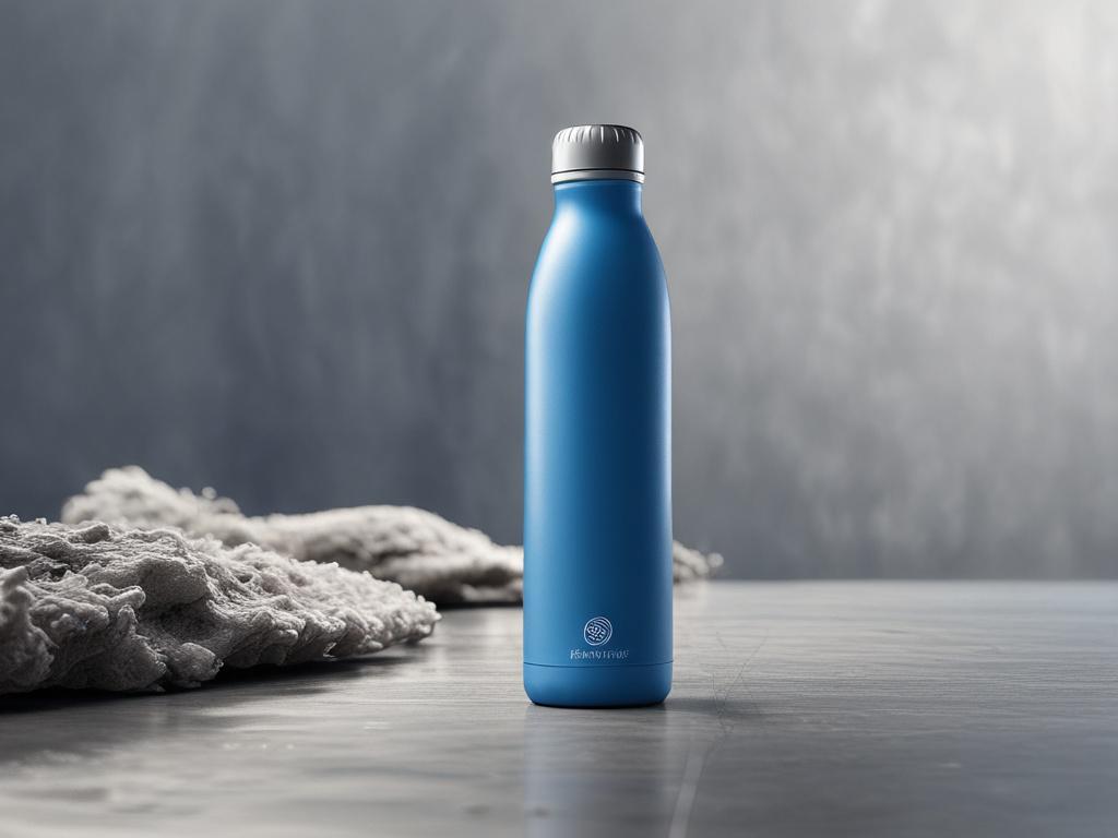 A realistic high-resolution photo of a single reusable water bottle standing upright on a smooth surface, with a cool-toned environment featuring rich blue and soft gray shades in the background. The bottle is modern, sleek, and eco-friendly, made of stainless steel with a matte finish. The lighting highlights the bottle's texture and the cool tones complement the primary rgb(50, 170, 39) color subtly integrated into the bottle's design or cap.