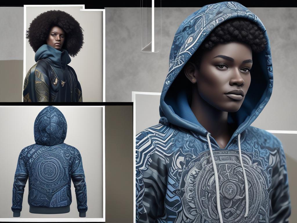 A realistic high-resolution photo of a single Afro plug hoodie displayed on a mannequin. The hoodie features bold, urban streetwear design with vibrant Afrocentric patterns and colors, primarily in shades of rich blues and soft grays, accented by the primary color rgb(50, 170, 39). The background is a cool-toned urban environment with subtle graffiti art and concrete textures, creating an energetic and streetwise vibe. The composition is simple and clear, focusing solely on the hoodie with no text or abstra