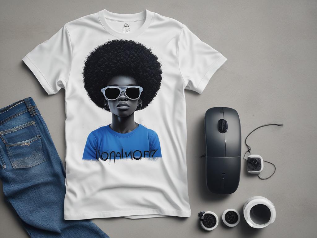 A realistic high-resolution photo of a single Afro Plug graphic t-shirt displayed on a flat surface. The t-shirt is black with a bold, urban-style graphic design featuring an Afro Plug icon in vibrant shades of rich blues and soft grays. The background is a cool-toned environment with subtle gradients of deep blue and soft gray, complementing the rgb(50, 170, 39) primary color. The composition is simple and clear, focusing solely on the t-shirt to highlight its design and texture, with natural lighting that