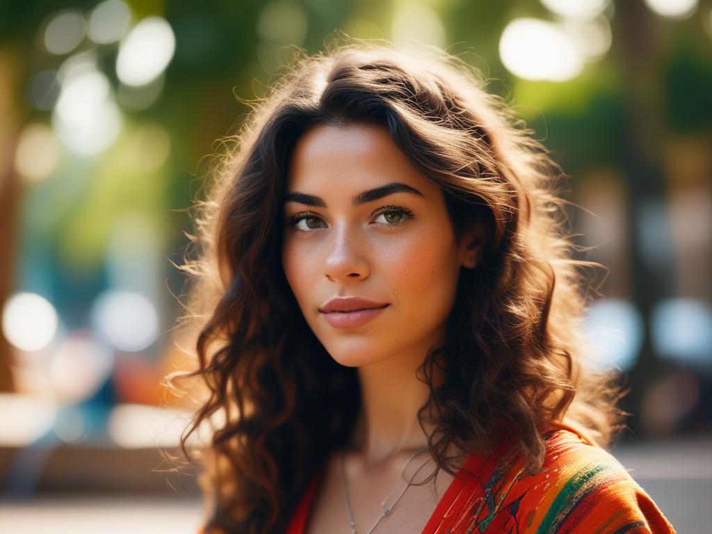 Close-up portrait of Shandilare, warm tropical background, vibrant colors, high-resolution, 45mm f/1.2 lens style.