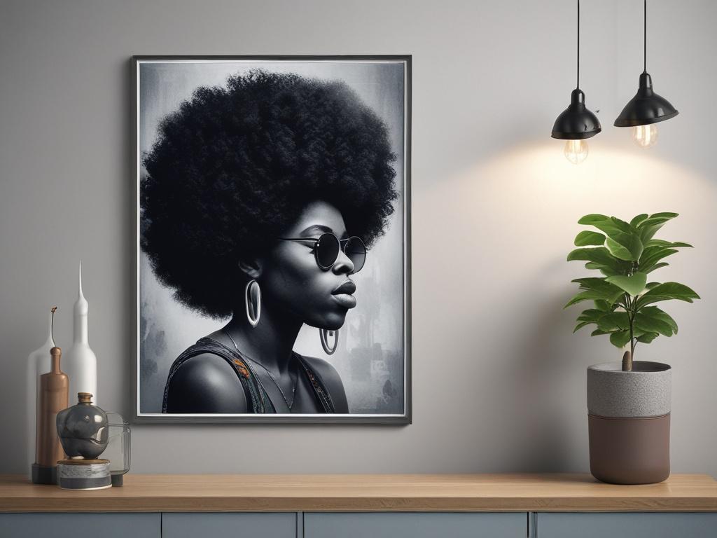 A realistic high-resolution photo of a limited edition poster titled 'Afro Plug' featuring vibrant afro-centric artwork. The poster showcases a powerful, stylish figure with natural hair in an urban setting, illuminated by cool-toned lighting with rich blues and soft grays. The background is simple and clear, highlighting the subject with a subtle blend of street art elements and smooth gradients. The composition is centered on the figure with no text or abstract shapes, perfectly aligned to complement the 