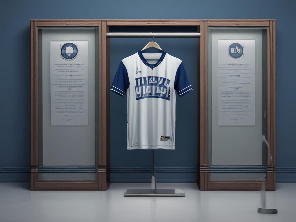 A realistic high-resolution photo of a stylish jersey hanging on a simple, cool-toned backdrop featuring shades of rich blues and soft grays. The jersey should be the focal point of the image, showcasing its unique design and vibrant colors. The background should be minimalistic to enhance the jersey's visual appeal, emphasizing its quality and craftsmanship.