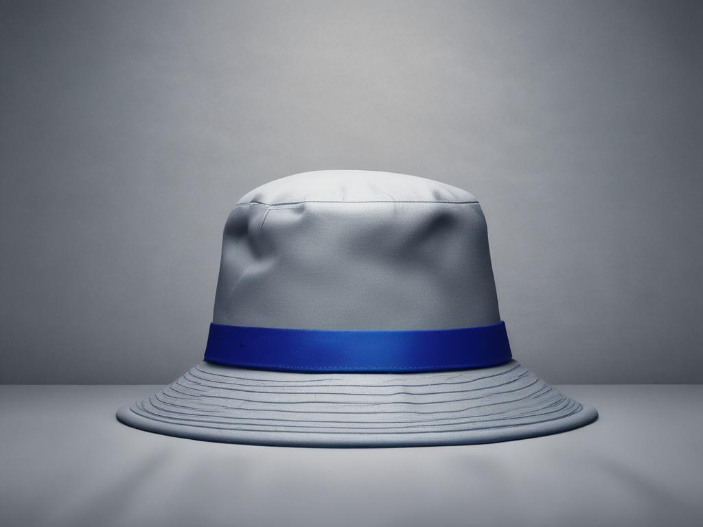 A realistic high-resolution photo of a single Afro Plug bucket hat placed on a smooth surface in a cool-toned environment. The hat features a rich deep blue color with subtle accents in soft gray and highlights of rgb(50, 170, 39). The background is a minimalist urban setting with soft focus, emphasizing the hat's texture and vibrant colors. The lighting highlights the fabric's details, creating an energetic and streetwise vibe.
