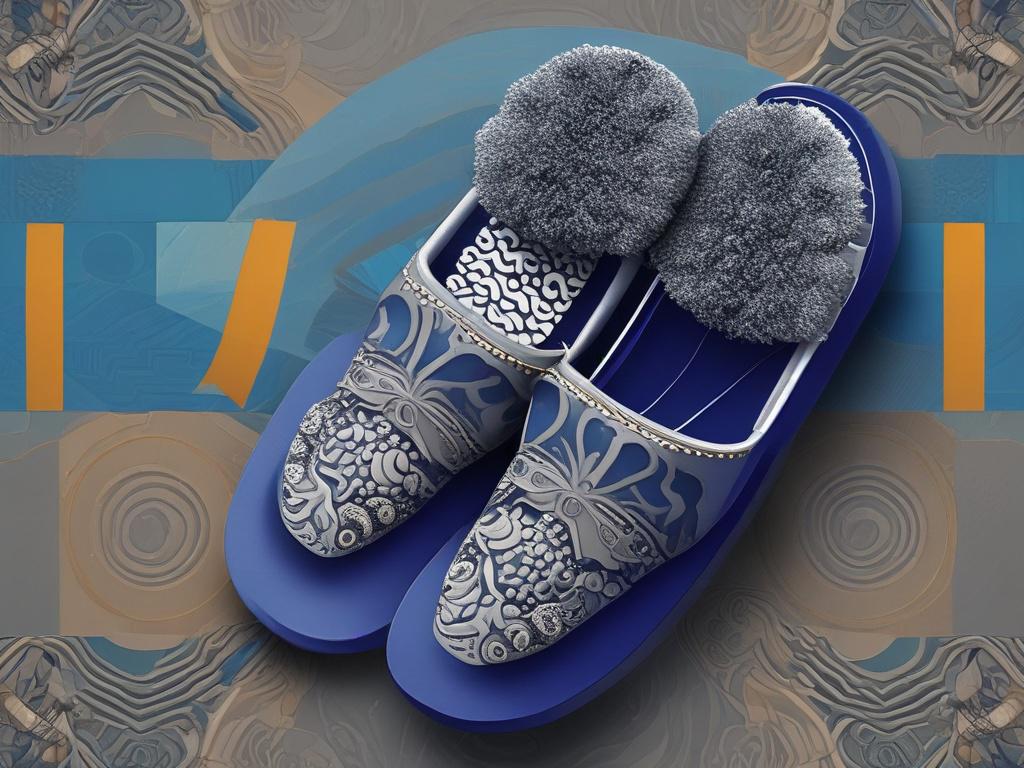 A realistic high-resolution photo of a single Afro Plug Slide slipper placed on a smooth surface. The slide features bold Afrocentric patterns in rich blues and soft grays, harmonizing with a background styled in cool tones with shades of rich blues and soft grays. The image should evoke a sleek, urban vibe with clear focus on the slide, highlighting its texture and design. The primary color rgb(50, 170, 39) should accent the slide subtly in details like the logo or sole edges. The composition is simple and