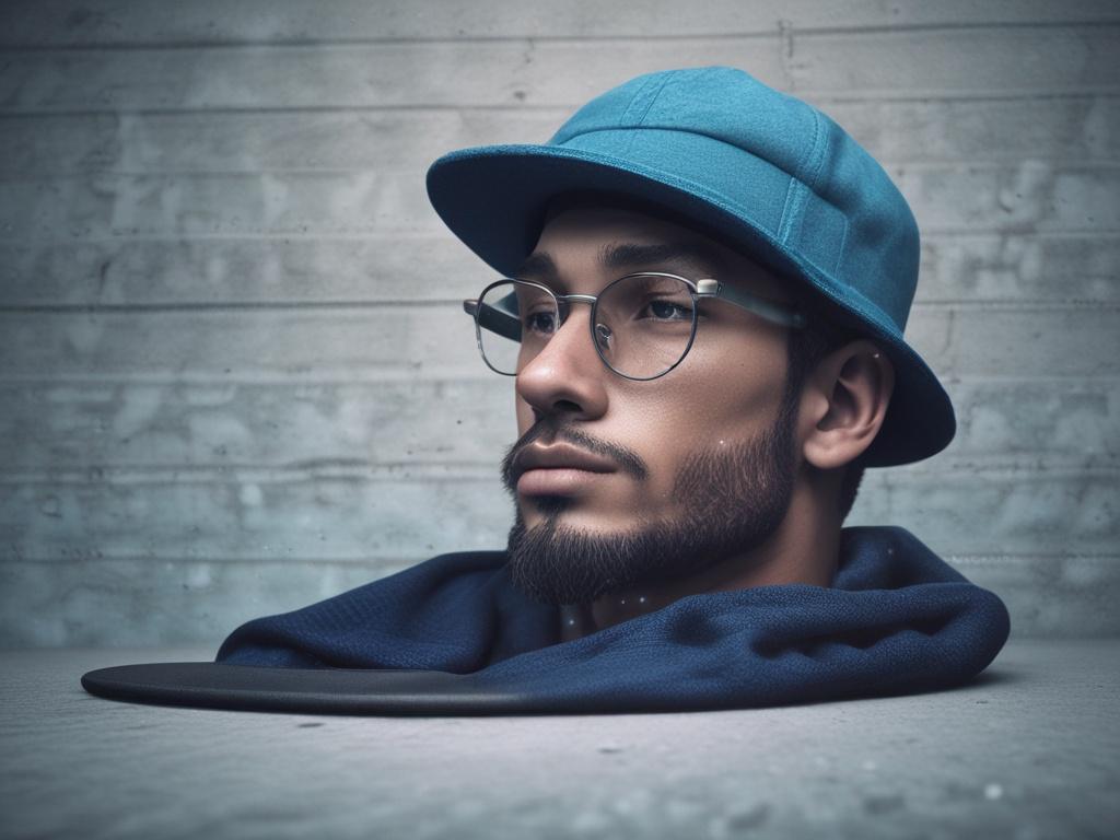 A stylish snapback hat displayed prominently against a cool-toned background featuring shades of rich blues and soft grays. The hat should have an urban design, showcasing intricate details and a modern aesthetic. The composition should be simple and clear, with the focus solely on the hat, allowing its features to stand out beautifully.