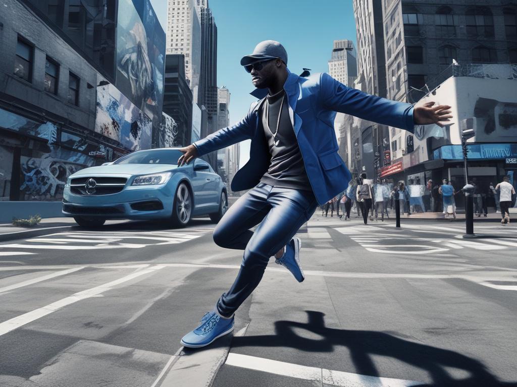 A realistic high-resolution image of Bas360 in a dynamic pose, surrounded by vibrant urban street art. The background features a cool-toned environment with shades of rich blues and soft grays, reflecting the energetic vibe of the music. Bas360 wears stylish streetwear, exuding confidence and creativity.