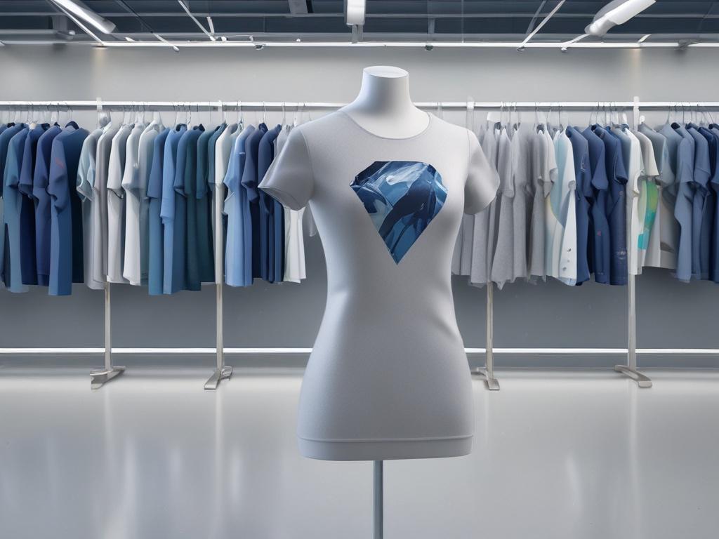 A realistic high-resolution image of the limited edition Tina Glaze t-shirt displayed on a mannequin. The t-shirt features bold graphics and is set against a backdrop of soft grays and rich blues, enhancing the visual appeal. The lighting is warm and inviting, highlighting the fabric's quality.