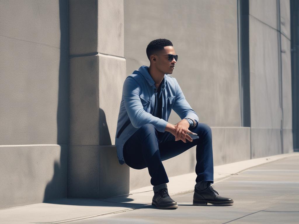A realistic high-resolution image of Micah Monroe in a contemplative pose, standing in an urban setting with soft gray walls in the background. The cool-toned environment features shades of blue, emphasizing Micah's artistic aura. The image captures the essence of the single 'Heartbeat'.