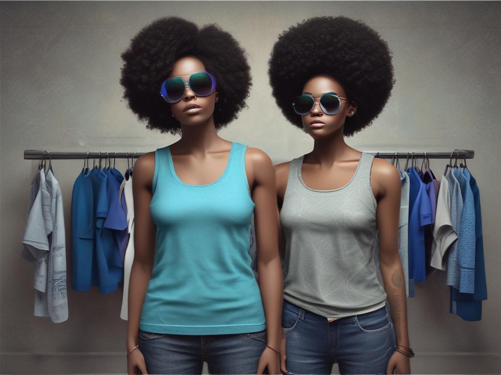 A realistic high-resolution photo of a stylish Afro Plug: Continental Drift Edition Crop Top & Tank Top. The image features a single crop top displayed on a sleek, modern mannequin or hanger, set against a cool-toned background with rich blues and soft grays. The top showcases vibrant, culturally inspired Afro-centric designs with an urban, streetwise vibe. The composition is simple and clear, focusing solely on the garment, highlighting its fabric texture and bold colors. The background complements the rgb