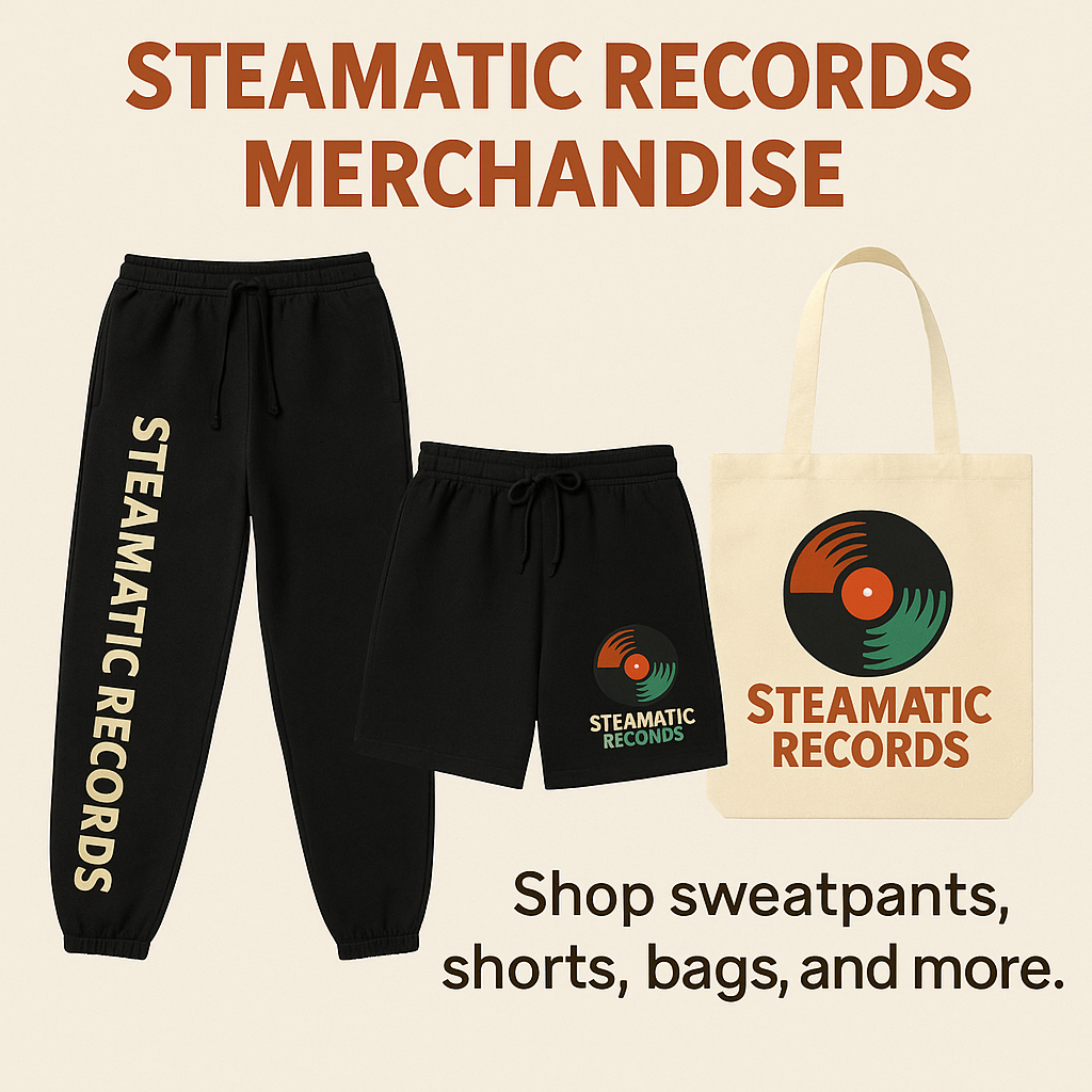 Official Steamatic Records Merchandise – Shop sweatpants, shorts, tote bags, and more.