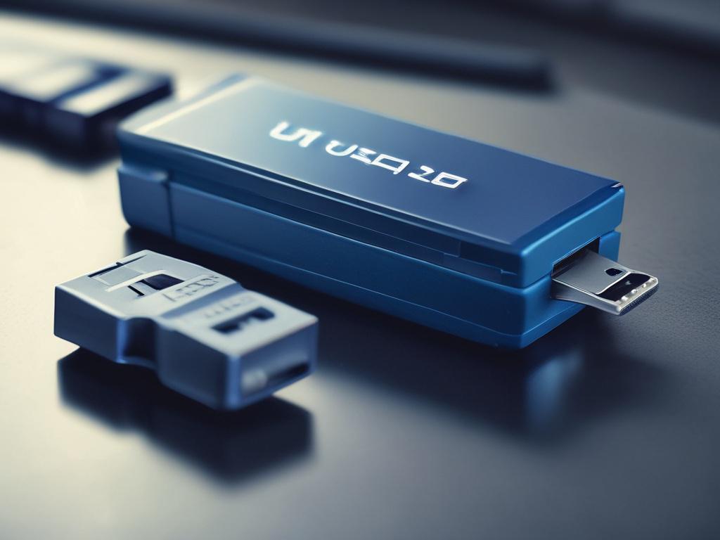 A realistic high-resolution photo of a sleek USB drive designed as a Custom USB Mixtape. The USB is resting on a cool-toned surface with shades of rich blues and soft grays, illuminated by soft, urban lighting. The background is simple and blurred to keep focus on the USB, highlighting its modern and stylish design. The color palette complements rgb(50, 170, 39) as the primary accent color on the USB device.