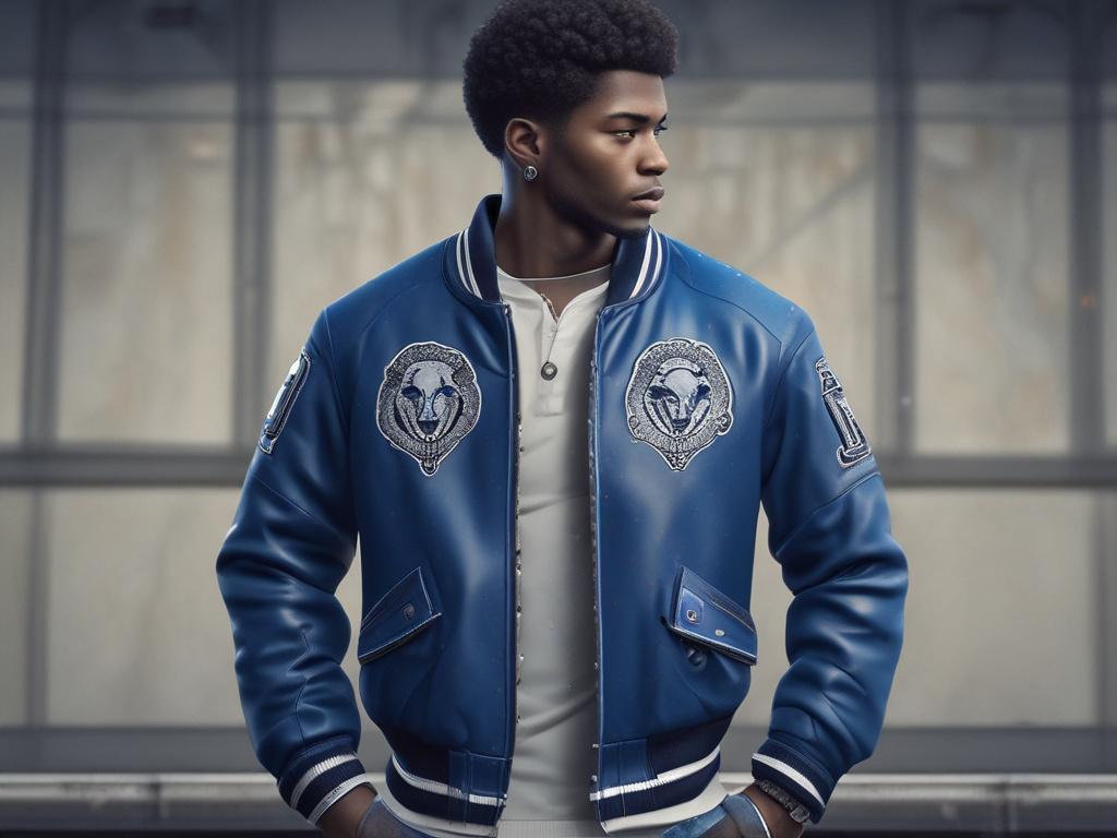 A realistic high-resolution photo of a stylish varsity jacket named 'The Afro Plug: Continental Drift Edition'. The jacket is the single subject, prominently displayed in a cool-toned environment featuring rich blue and soft gray shades. The jacket has a modern urban design with bold accents matching the rgb(50, 170, 39) primary color. The background is minimalistic and blurred to keep focus on the jacket's texture, color, and details, conveying a streetwise, energetic vibe.