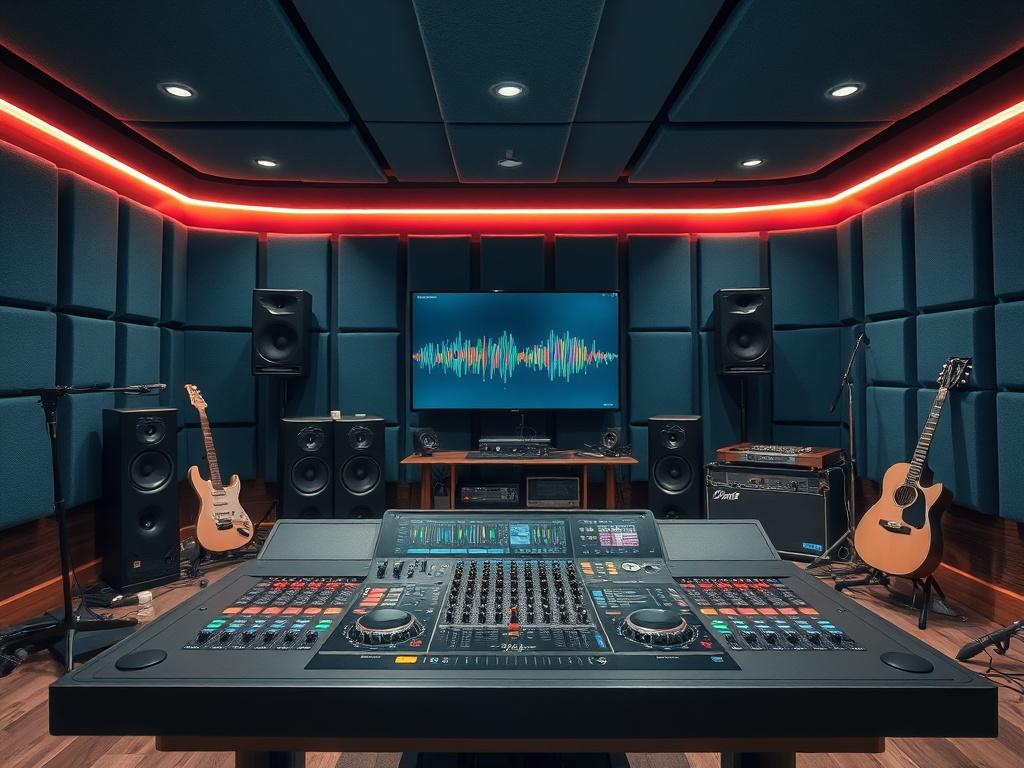 A realistic high-resolution photo of a modern music studio with a DJ mixing console, surrounded by soundproof panels in cool-toned shades of rich blues and soft grays. The focus should be on the console with colorful sound waveforms displayed on the screen, creating an energetic yet professional vibe. The background should include musical instruments and recording equipment, presenting an inviting atmosphere for music production.