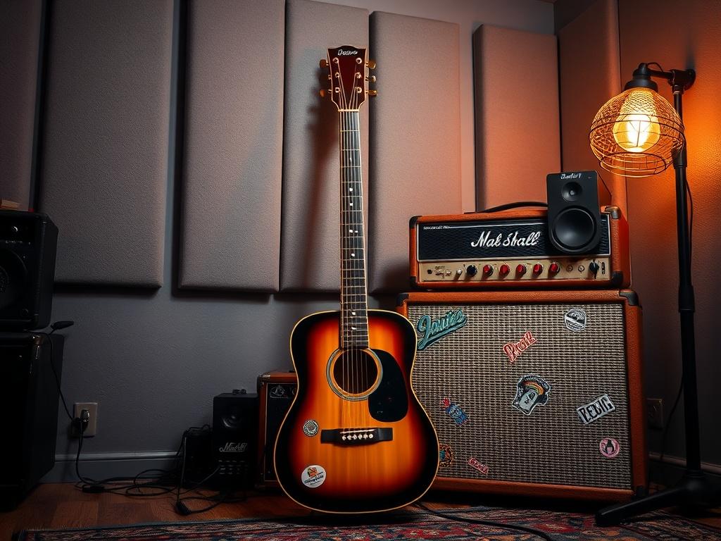A realistic high-resolution photo showcasing a vibrant reggae music studio. The focal point is a vintage acoustic guitar leaning against a colorful amplifier, adorned with reggae-inspired stickers. The background features soft gray walls with acoustic panels, and a warm light casts a cozy glow, creating an inviting atmosphere. The scene reflects an urban vibe with touches of rich blues in the decor, embodying the essence of reggae music.