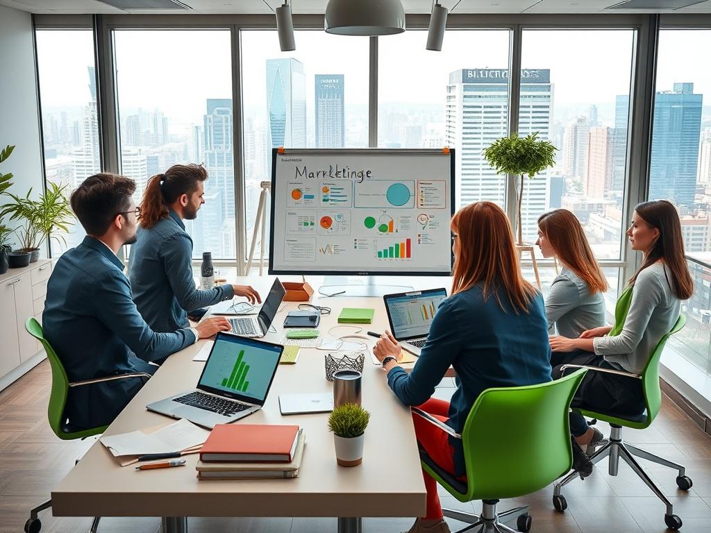 A creative marketing team brainstorming in a modern conference room