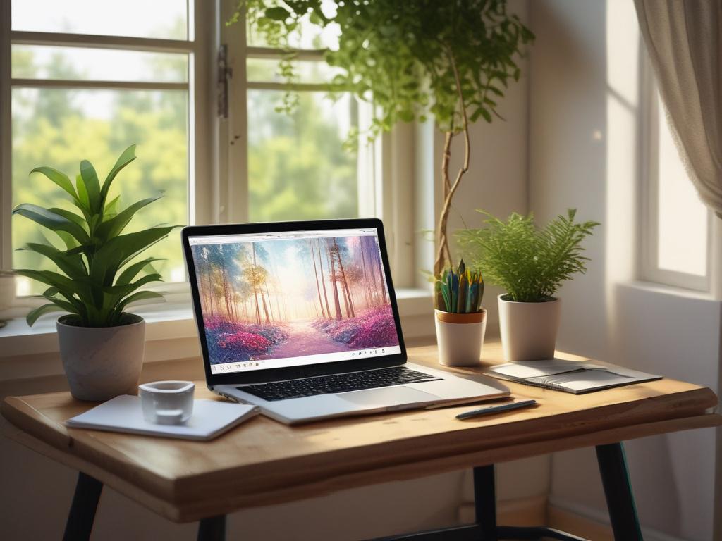 An open laptop on a wooden table with a notepad
