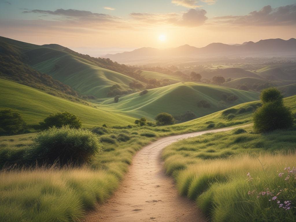 A serene landscape with gentle hills and soft lighting, featuring