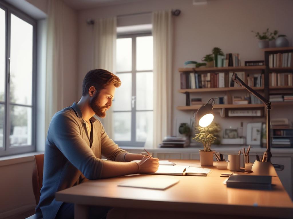 a thoughtful individual sitting at a desk with a notebook,