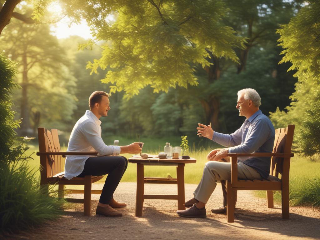 a peaceful outdoor setting with a life coach and a