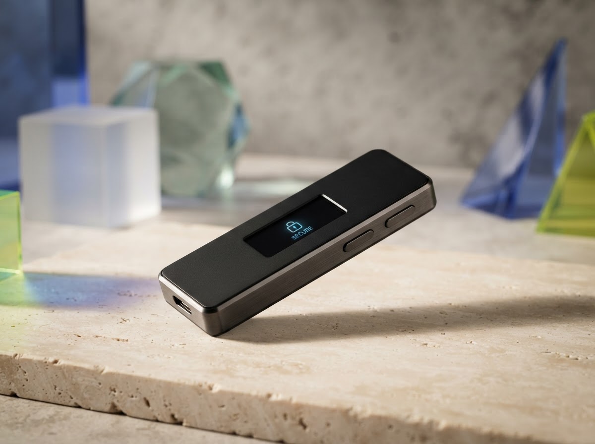 A hardware wallet device presented in a softly lit studio setting
