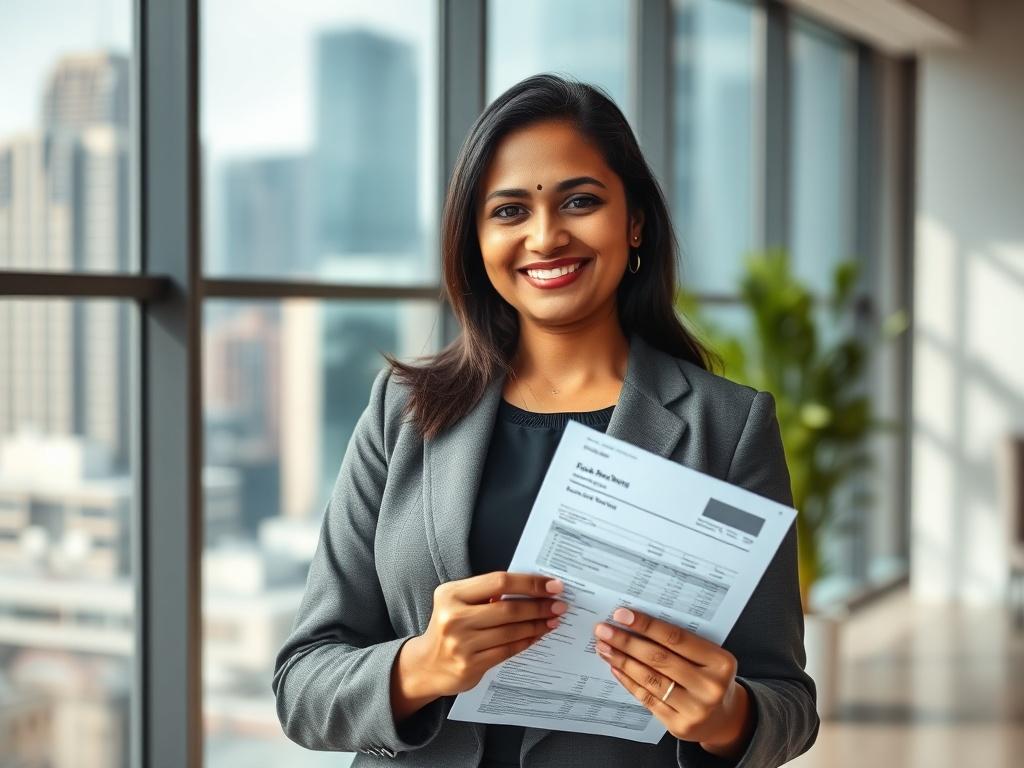 A professional portrait of a confident financial consultant, Gopika Ashok,