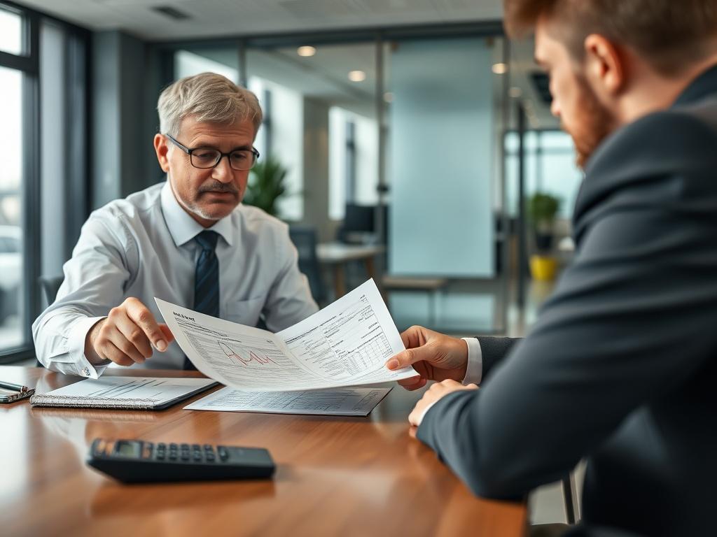 A financial consultant explaining tax documents to a client in