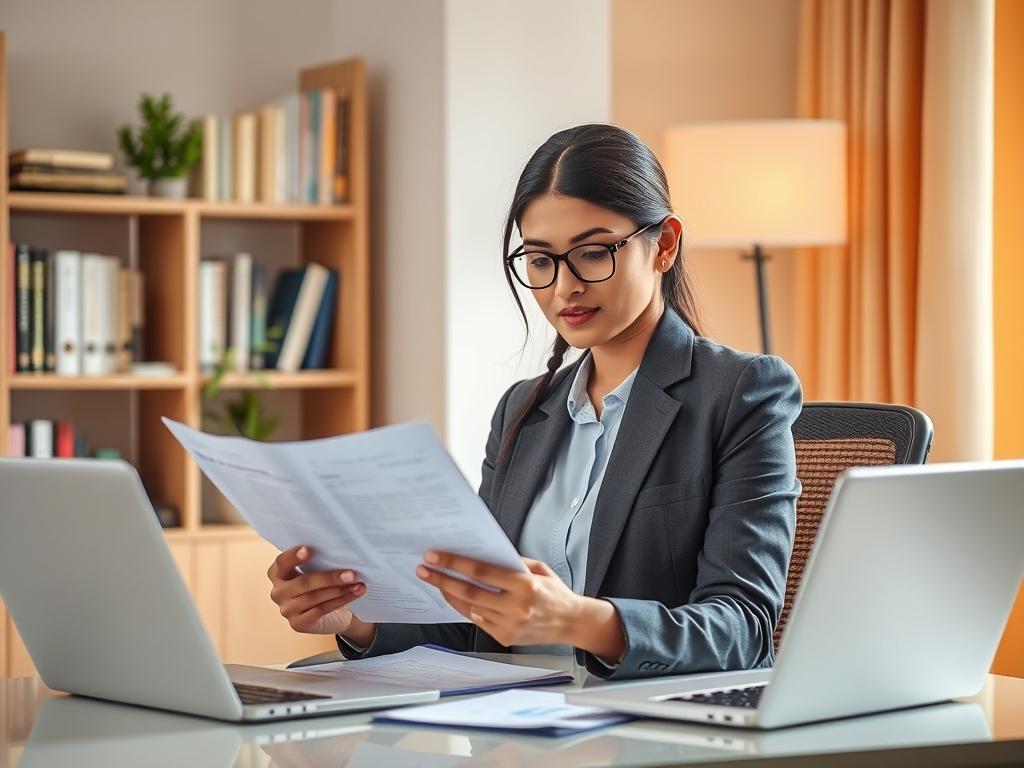 Create a realistic high-resolution image that illustrates the concept of "Understanding Tax Compliance for Young Professionals." The composition should feature a single young professional, a South Asian woman, seated at a modern ergonomic desk in a bright, inviting home office setting. She is dressed in smart-casual attire, showing a mix of professionalism and approachability. The focal point is her intent expression as she reviews a set of documents with tax information, looking focused and engaged.

In th