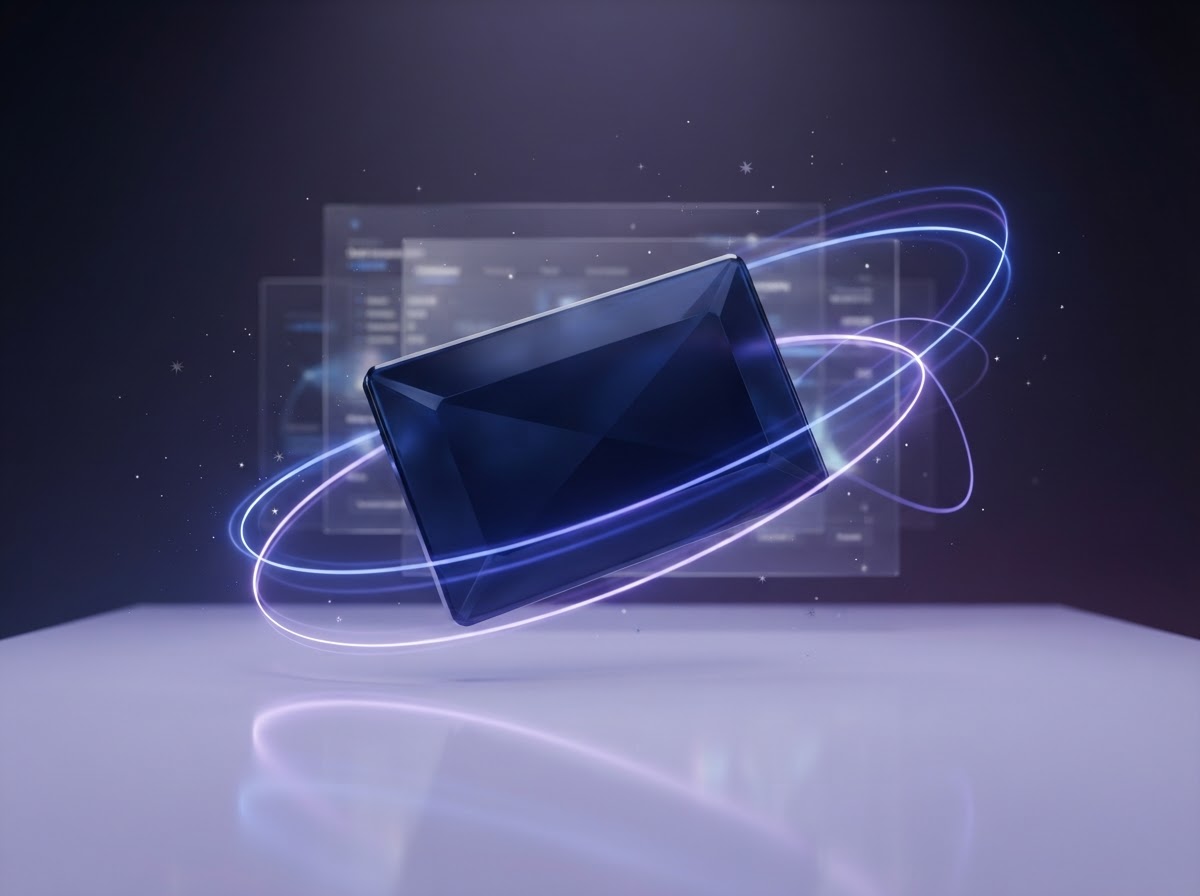 A luminous glass wallet card surrounded by violet and blue light trails