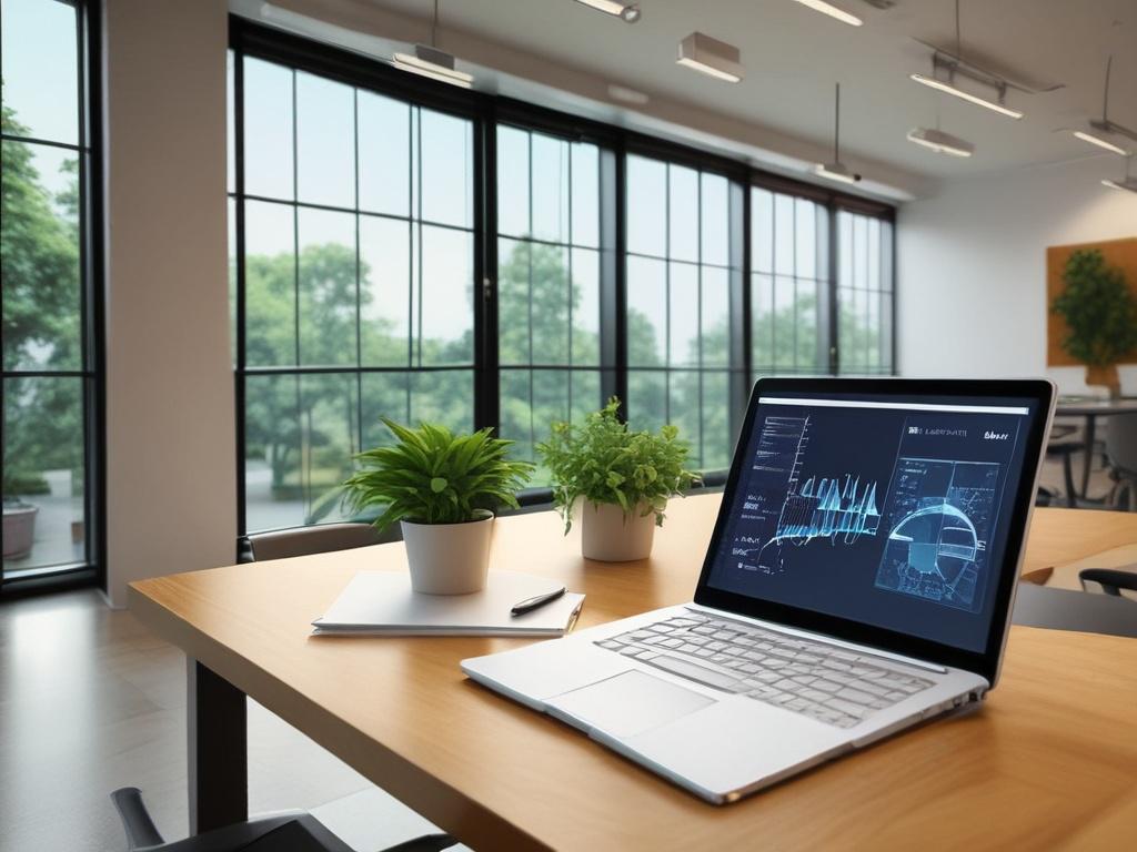 A modern office setting with a sleek conference table, surrounded by vibrant plants and natural light streaming in through large windows. The focus is on a digital tablet displaying graphs and business analytics, symbolizing data management and strategy. The background features a city skyline visible through the windows, enhancing the professional atmosphere.