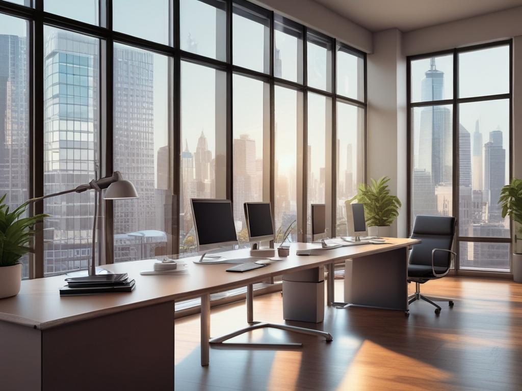 A sleek, modern office environment showcasing financial planning tools, charts, and graphs. The background features a large window with natural light pouring in, illuminating the workspace. A stylish desk with a laptop open displaying financial data, alongside a notepad and a coffee cup. The overall atmosphere is professional and inviting, reflecting a focus on personalized financial guidance.