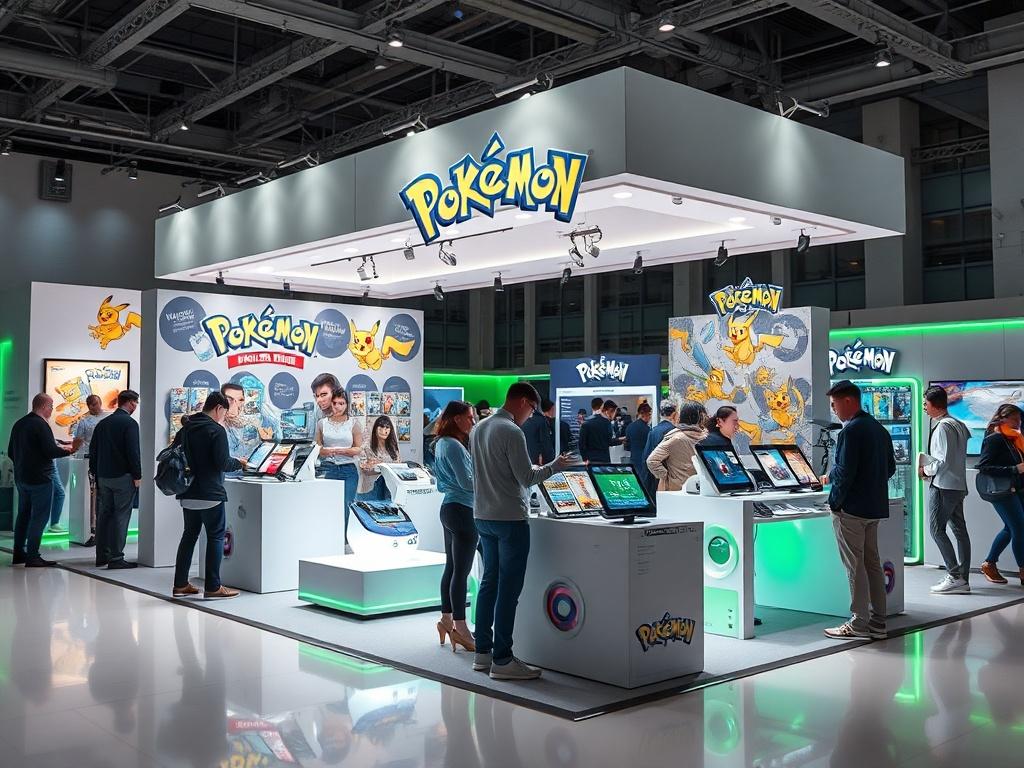A high-resolution image depicting a vibrant showcase event with a well-lit booth displaying automation bots for Pokémon card trading. The booth features sleek technology, Pokémon-themed decorations, and enthusiastic participants interacting with the demos. The setting is modern and minimalistic, with a focus on the bots, enhanced by vibrant green highlights.