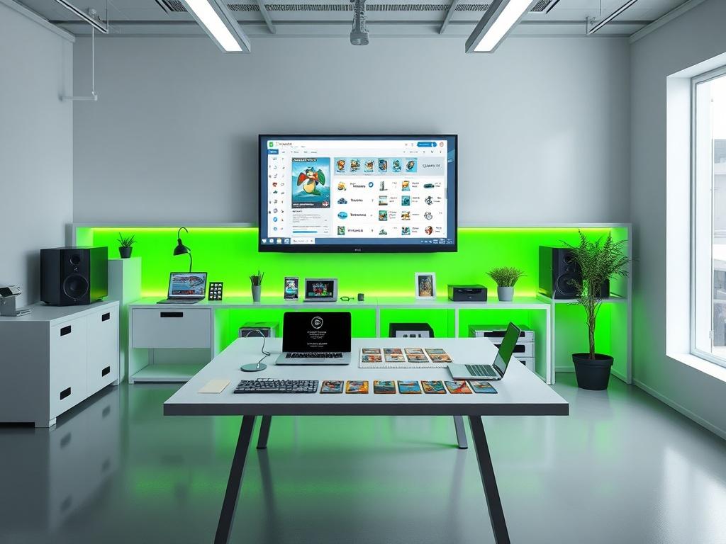 A realistic high-resolution image of a modern workshop setting with a large screen displaying AI tools for Pokémon card flipping. The room is bright and minimalistic with clean lines, featuring a table with Pokémon cards and a laptop. The background should have vibrant green accents to complement the primary color, creating a professional yet inviting atmosphere.