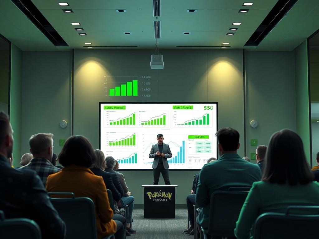 A detailed high-resolution image of an engaging seminar focused on sales strategies for Pokémon trading. The scene shows a presenter in front of an audience, with charts and graphs displayed on a screen. The environment is professional and sleek, highlighted by vibrant green elements, emphasizing the focus on sales and strategy.