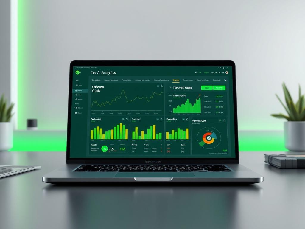 A high-resolution image of an advanced AI automation tool interface displayed on a sleek laptop. The background features a minimalistic workspace with vibrant green accents (rgb(50, 170, 39)). The laptop screen shows graphs and data analytics related to Pokémon card sales, capturing the essence of modern technology and efficiency.