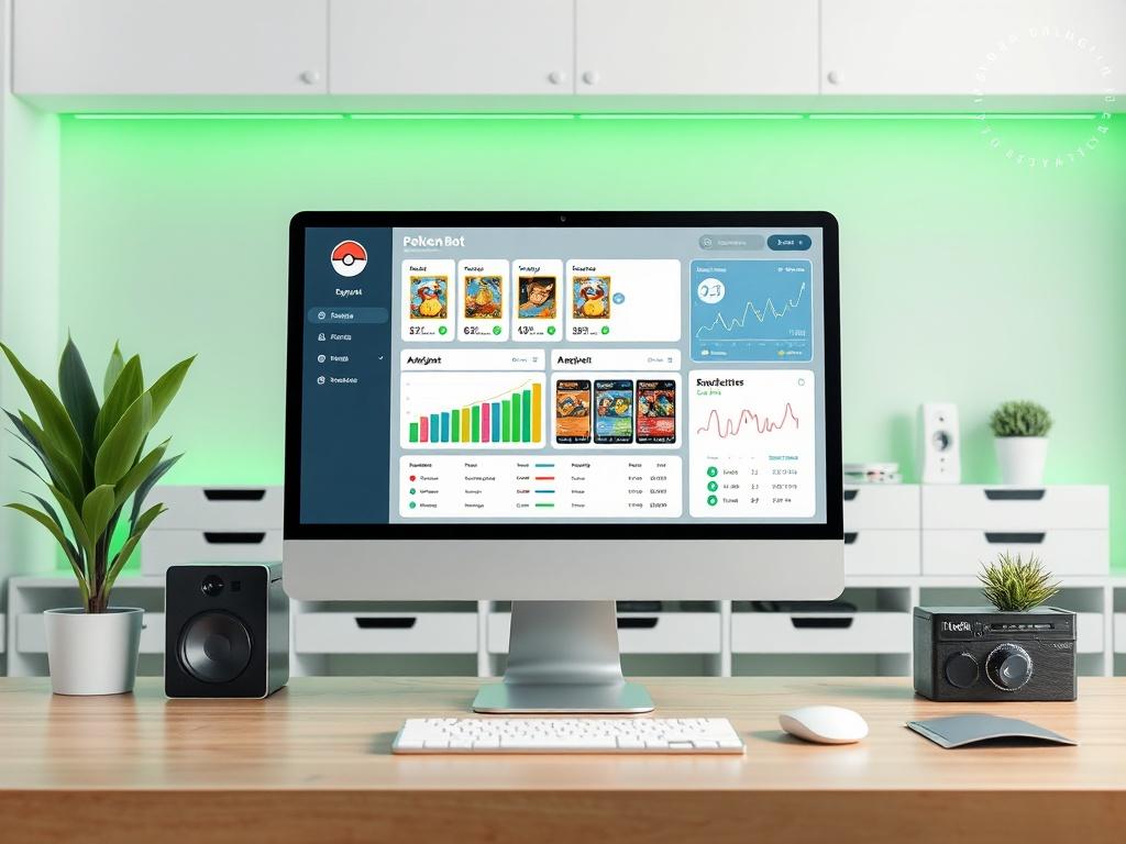 A high-resolution image showcasing a smart bot tool interface on a modern desktop computer. The background is a clean, organized workspace with touches of vibrant green (rgb(50, 170, 39)). The screen displays an intuitive dashboard featuring Pokémon card analytics, market trends, and sales predictions, emphasizing efficiency and innovation.