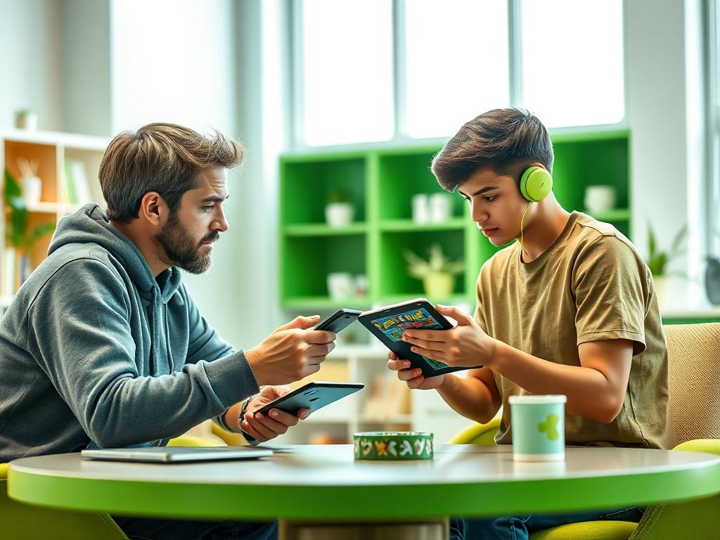A high-resolution image depicting a coaching session focused on Pokémon card flipping. The scene features a knowledgeable mentor showing a student key flipping strategies on a tablet in a bright, inviting environment with green accents (rgb(50, 170, 39)). The image captures an engaging learning atmosphere, emphasizing collaboration and growth.
