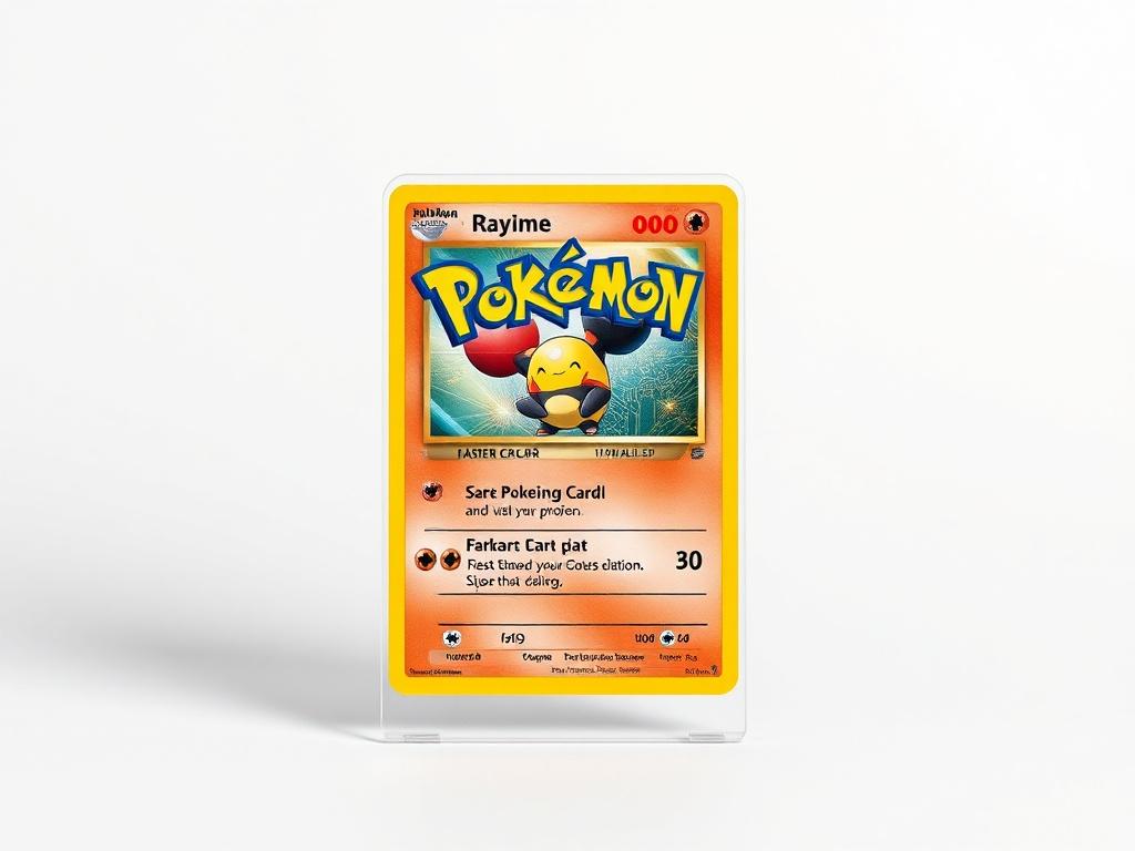 A photorealistic image of a high-quality Pokémon card displayed on a clean, minimalistic background. The card should be the focal point, showcasing vibrant colors and intricate details. Surround the card with subtle hints of technology, like faint circuit patterns or digital elements in the background, to emphasize the AI-powered aspect of the platform. Use strong lighting to highlight the card's features and ensure the primary color rgb(50, 170, 39) is prominently featured in the image.