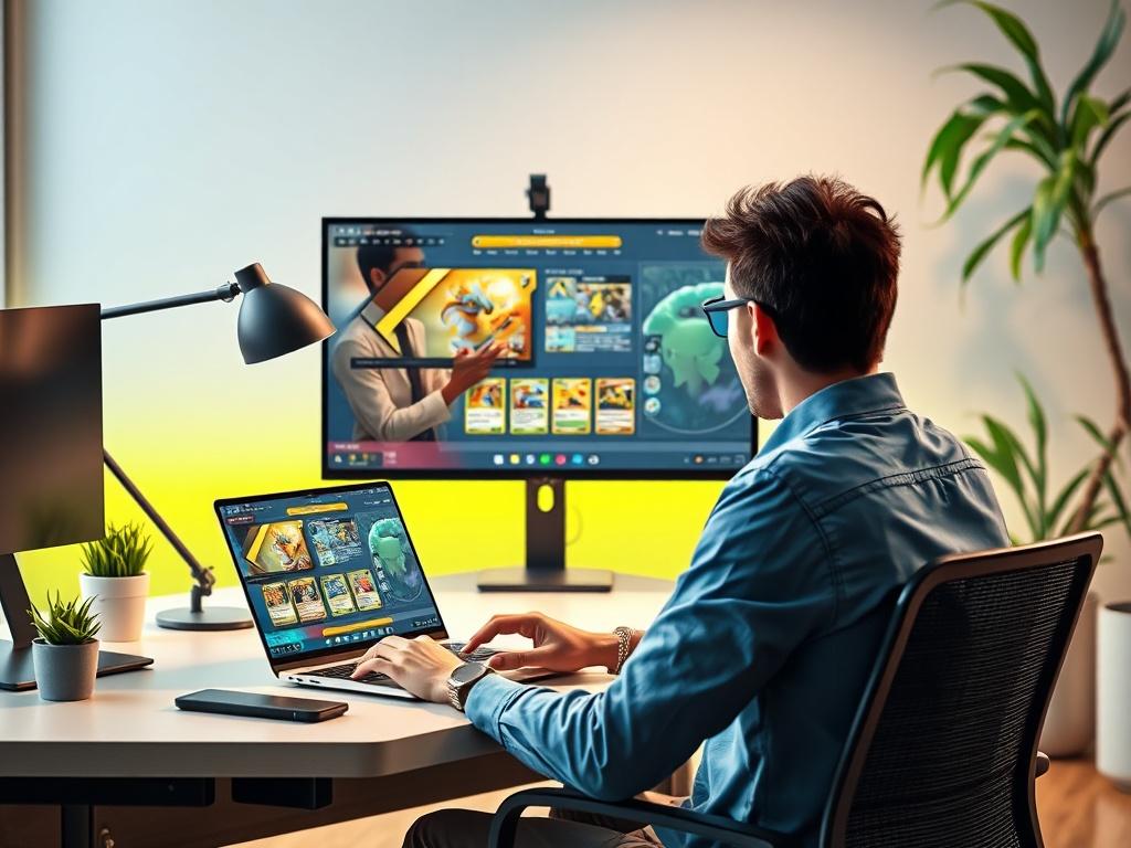 A realistic high-resolution photo of a virtual coaching session in progress, featuring a laptop screen showing a coach and a collector discussing Pokémon cards. The scene is set in a modern workspace with vibrant green accents, creating an engaging and professional atmosphere.