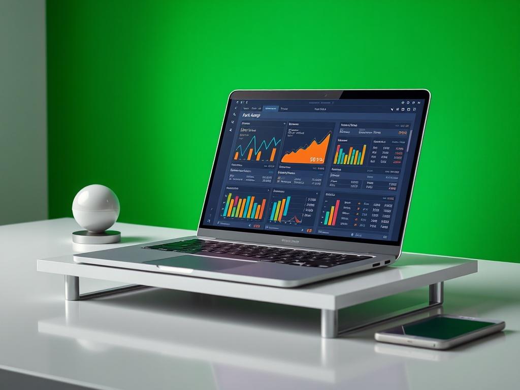 A realistic high-resolution photo of an AI-powered card valuation tool interface displayed on a sleek modern laptop. The screen shows colorful graphs and statistics related to Pokémon card values, set on a minimalist desk with a vibrant green background. The laptop is the only subject, emphasizing clarity and focus.
